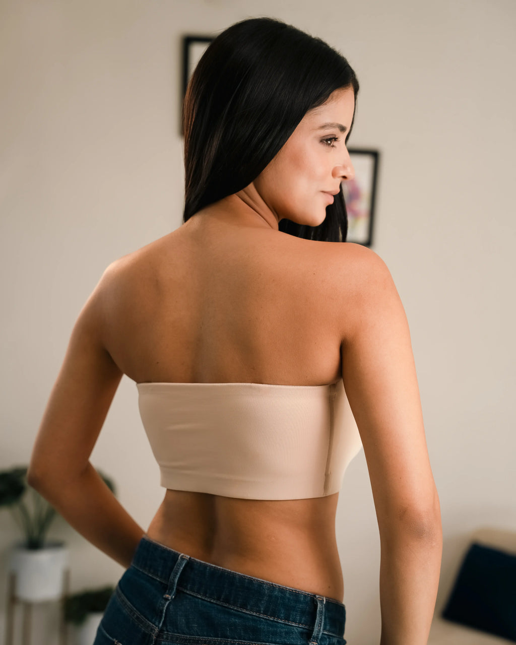 Beige seamless padded bandeau bra for women – strapless comfort fit