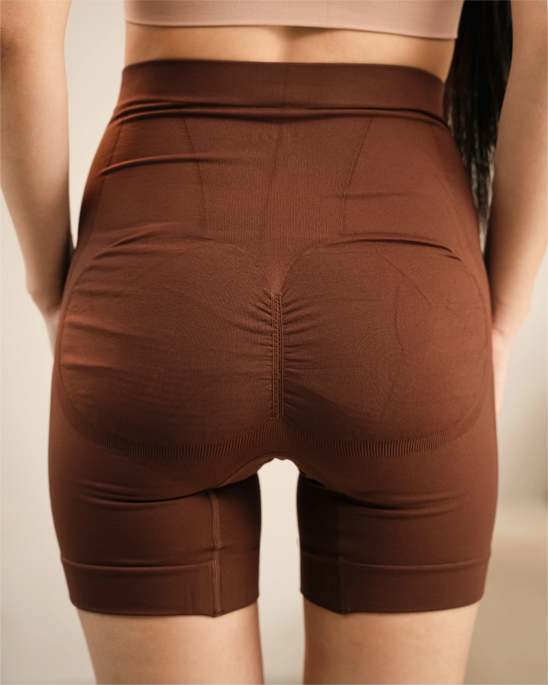 Brown hip dip shapewear shorts with tummy control and butt lifting support for women