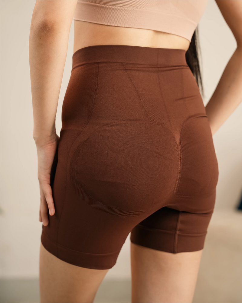 Brown hip dip shapewear shorts with tummy control and butt lifting support for women